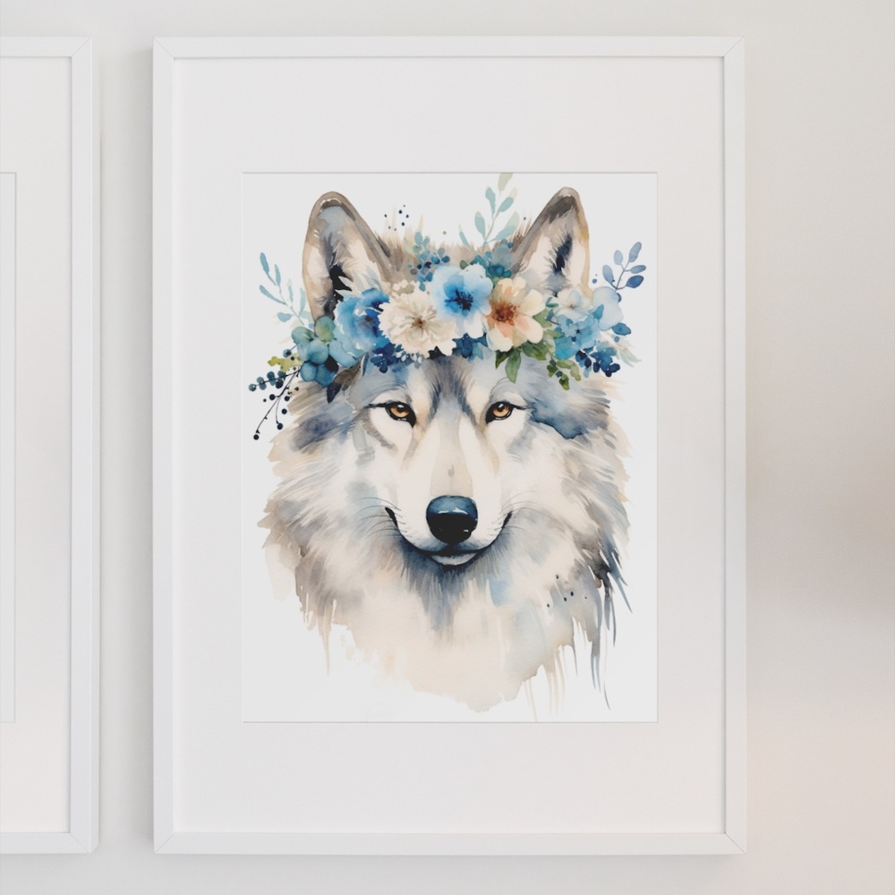 Watercolor Floral Wolf Portrait Wall Art Illustration Print Poster Unframed - Picture 3 of 7